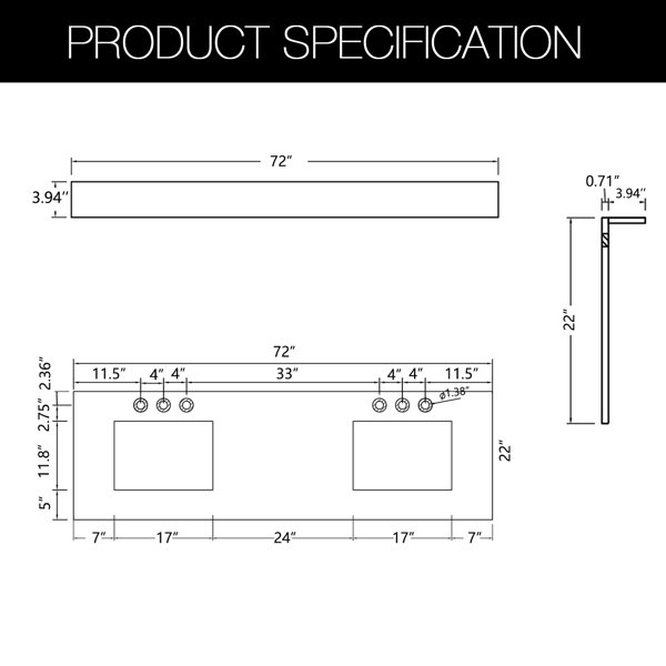 PROOX 72'' Quartz Stone Double Vanity Top with Sink and 3 Faucet Holes